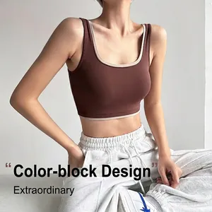 High support sports bra in coffee brown color block design for yoga and fitness training