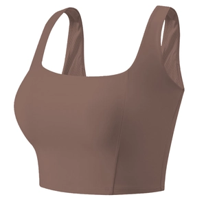 Brassière de sport marron pour femme avec col carré et larges bretelles pour le yoga