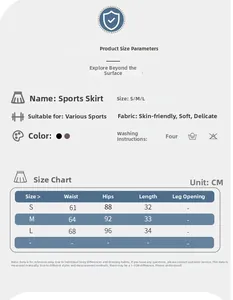 Size chart detail for mesh high-waisted tennis skirt showing S M L measurements and fabric info