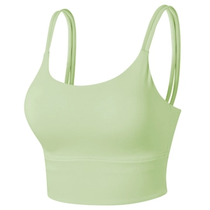 Light green sports bra with thin straps and high-stretch fabric for yoga and fitness