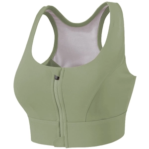 High-impact sage green sports bra with front zipper and breathable mesh back panel