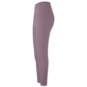 Vue détaillée du legging de yoga violet à taille haute avec coutures plates de qualité