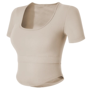 Damen Geripptes Kurz Geschnittenes Yoga T-Shirt Mit Brustpolstern U-Ausschnitt Slim Fit Kurzarm Sport Top Für Fitness