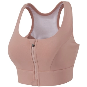 High-impact pink sports bra with front zipper and breathable mesh back panel