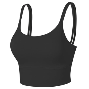 Black high-impact sports bra with thin double straps and U-neck for yoga and fitness