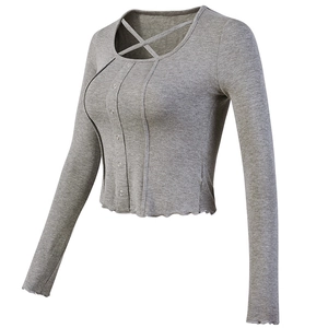 Off-white slim fit ribbed yoga top with lace-up crew neck and button front detail