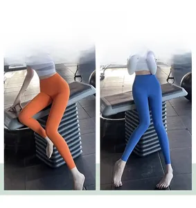 Détails des leggings de yoga taille haute en coloris orange vif et bleu roi fitness