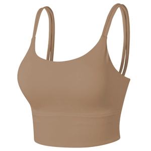 Detail view of double thin straps and U-shaped neckline on earth-toned sports bra