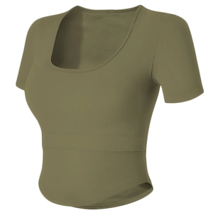 Eng anliegendes geripptes Yoga-T-Shirt mit U-Ausschnitt und Polstern in Moosgrün