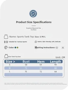 Size chart for women's yoga vest with chest pad and open back detailing for training