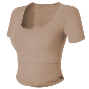 Damen Yoga Crop Top mit U-Ausschnitt aus geripptem Stoff in kaffeebrauner Farbe