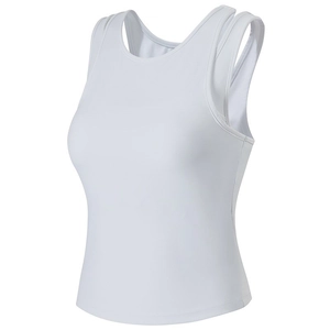 Detail of white slim-fit yoga top with built-in pads and double shoulder straps