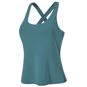 Blue yoga tank top with cross back design and built-in pads for fitness training