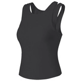 Detail of black slim-fit yoga tank top with wide shoulder straps and double-layer design