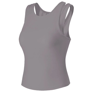 Close-up of grey yoga tank top featuring unique double shoulder straps and cutout design