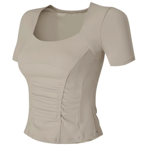 Top da Yoga Arricciato con Scollo Quadrato da Donna T-shirt Sportiva Slim Fit a Manica Corta con Imbottiture Fitness