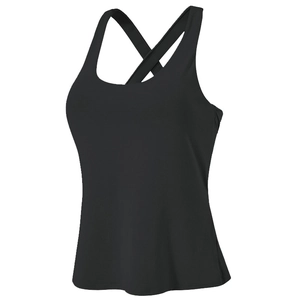 Black high-elastic yoga tank top with U-neck and cross-back straps for fitness and running