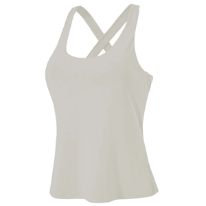 Close-up of double-cross wide straps on back of a light grey fitness sports vest