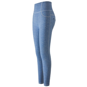 Heathered blue high-waisted yoga leggings with white contrast stitching and side pockets