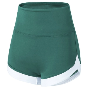 Détails du short de yoga taille haute vert foncé avec liserés contrastés blancs élégants
