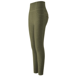 Olive green high waist yoga pants with side pockets and moisture-wicking fabric