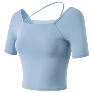 Slim fit light blue short yoga top with square neckline and unique strap detail