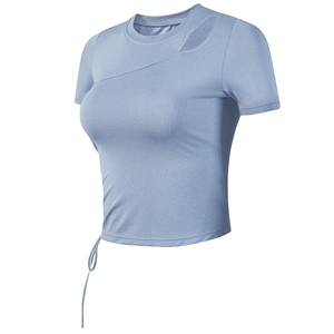 Damen Schlanke Passform Kurzarm Yoga Crop Top Hohl-Design Kordelzug Saum Hohe Elastizität Sport T-Shirt Gym Kleidung