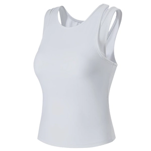Women's slim fit white yoga tank top with unique double shoulder straps for fitness