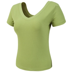 Camiseta de Canalé con Cuello en V para Mujer Ajustada de Manga Corta Top de Yoga Transpirable Fitness Crop Top Casual de Punto de Canalé