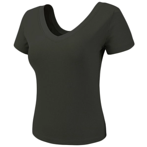 Camiseta deportiva ajustada verde oliva oscuro con cuello en V y tejido acanalado