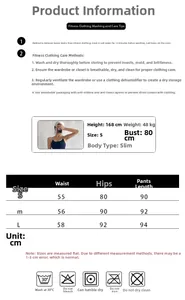 Size chart and washing guide for high waist fitness leggings with fabric care icons