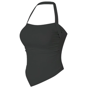 Women's black halter neck sports bra with side ruching and triangular hem design