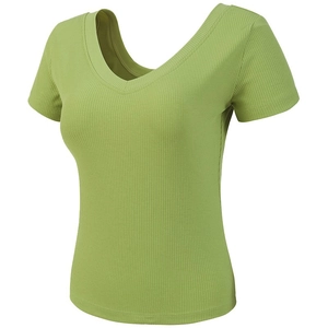 Camiseta de yoga ajustada verde hierba con cuello en V y manga corta para mujer en verano