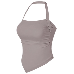 Padded halter neck sports bra with ruched details and pointed hem in taupe finish