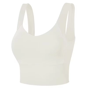 White high-stretch sports bra with wide shoulder straps and deep U-neckline