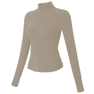 Veste de sport slim kaki pour femme avec col montant et trous pour les pouces