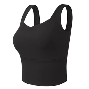 Front side view of a black high-elasticity wide-strap sports bra with a deep V-neckline