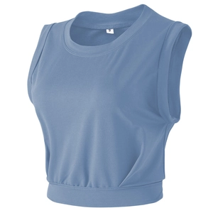 Haut de yoga sans manches bleu brume pour femme, coupe ample et col rond respirant