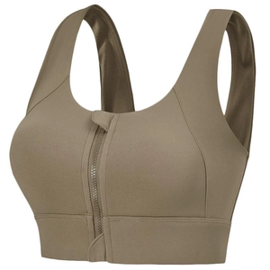 Soutien-gorge de sport vert olive avec zip frontal et larges bretelles pour yoga