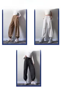 Three-color collage of loose joggers in coffee, foggy white, and black with drawstring waist