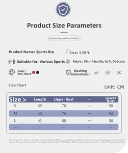 Detailed size chart for shockproof sports bra showing length and bust measurements in cm