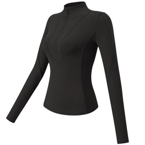 Maglia yoga donna a maniche lunghe con mezza zip nera e dettagli a coste sport