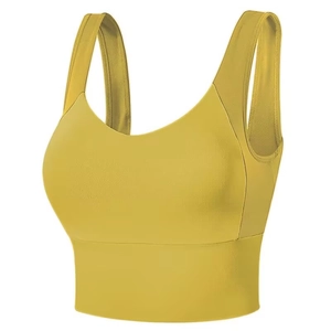 Mustard yellow sports bra featuring wide straps and high-elasticity quick-dry fabric