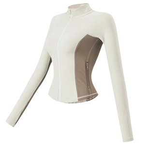 Women's slim fit zip-up sports jacket with standing collar in white and brown contrast