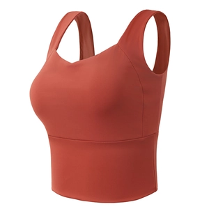 Brick red wide strap sports bra with seamless V-neck design for gym yoga and running