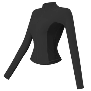 Women's black slim fit athletic jacket with stand collar and zipper for running and yoga