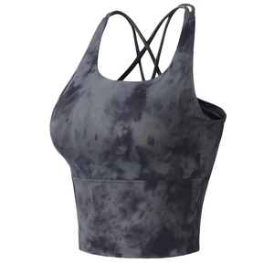 Black and grey tie-dye sports bra with criss-cross back straps and wide supportive band