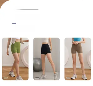 Vue en trois volets de shorts de yoga taille haute en vert, noir et marron