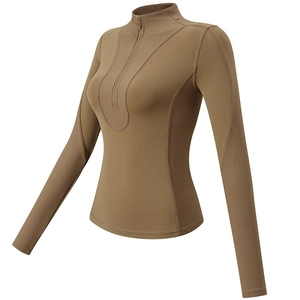 Maglia sportiva da donna slim fit a maniche lunghe con mezza zip e trama a costine kaki
