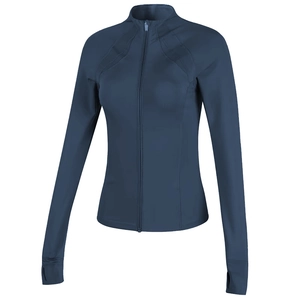 Slim fit navy blue long sleeve yoga jacket with full zipper and thumb holes for women